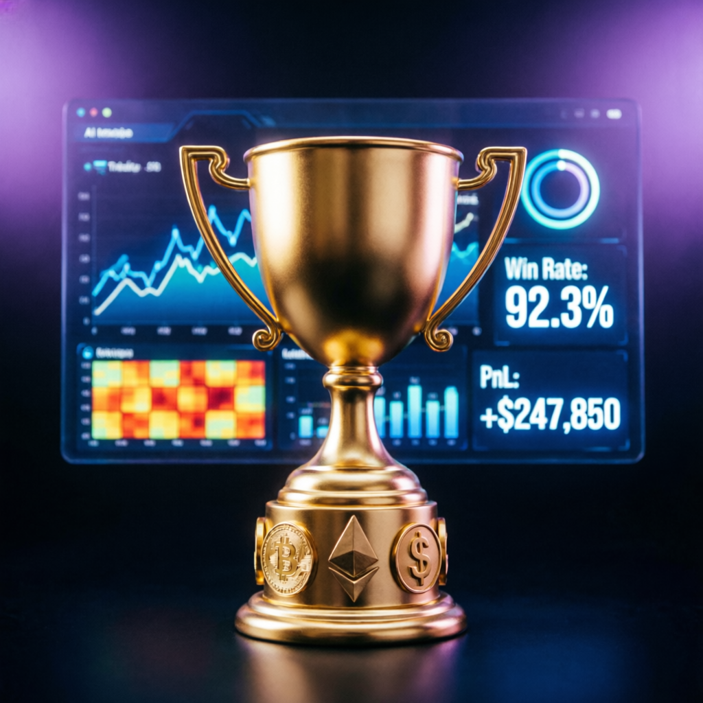 Golden trophy representing Topstep funded account success with trading dashboard in background