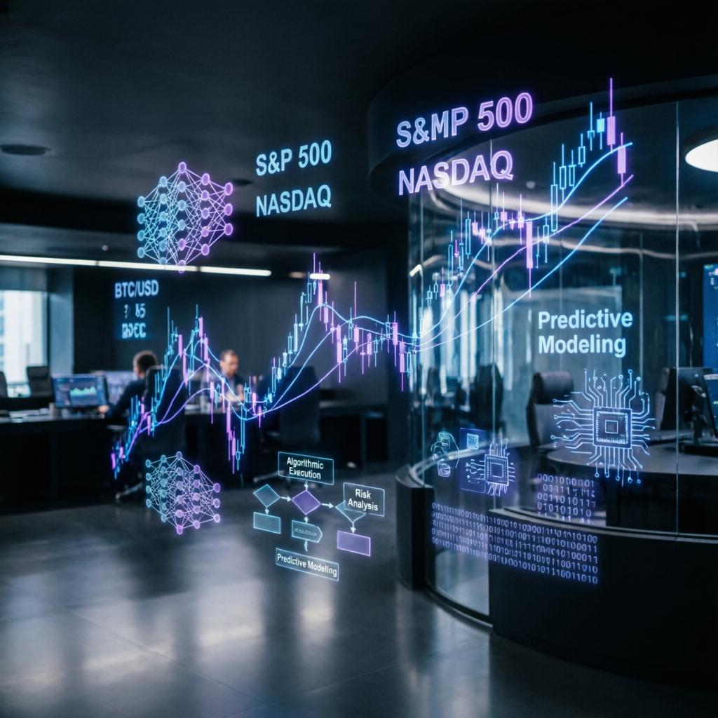 Futuristic trading floor with holographic charts representing Topstep's regulated trading environment