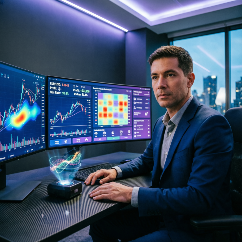 Professional forex trader analyzing Topstep trading platform with AI-powered charts