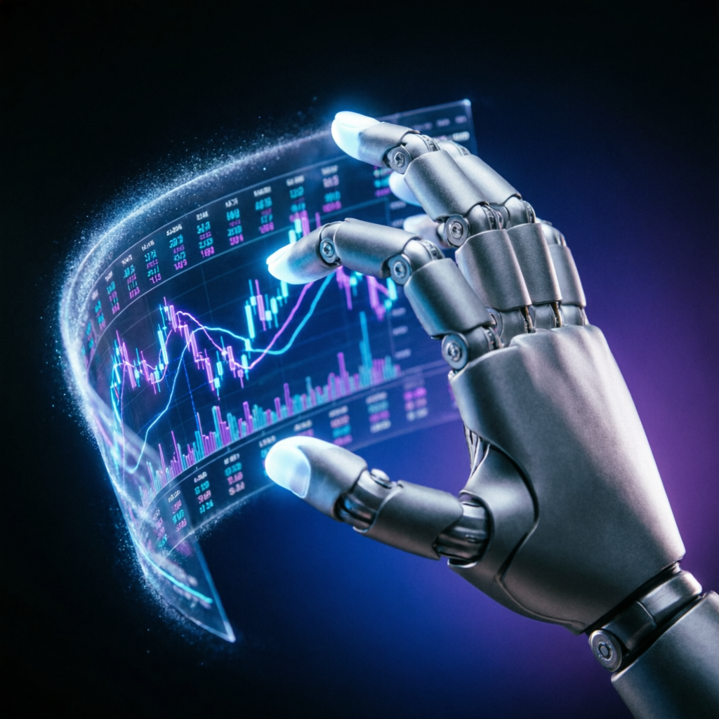 AI robot hand interacting with holographic forex charts representing automated prop firm passing service