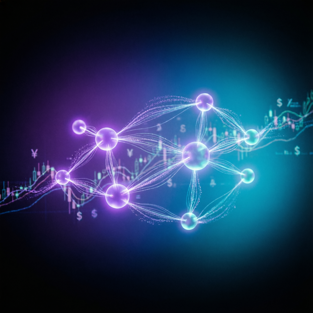 AI neural network visualization with financial data streams representing Topstep trading algorithms