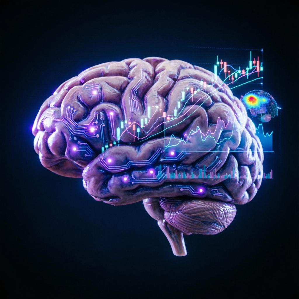 Human brain merged with digital circuits representing trading psychology and AI-powered decision making