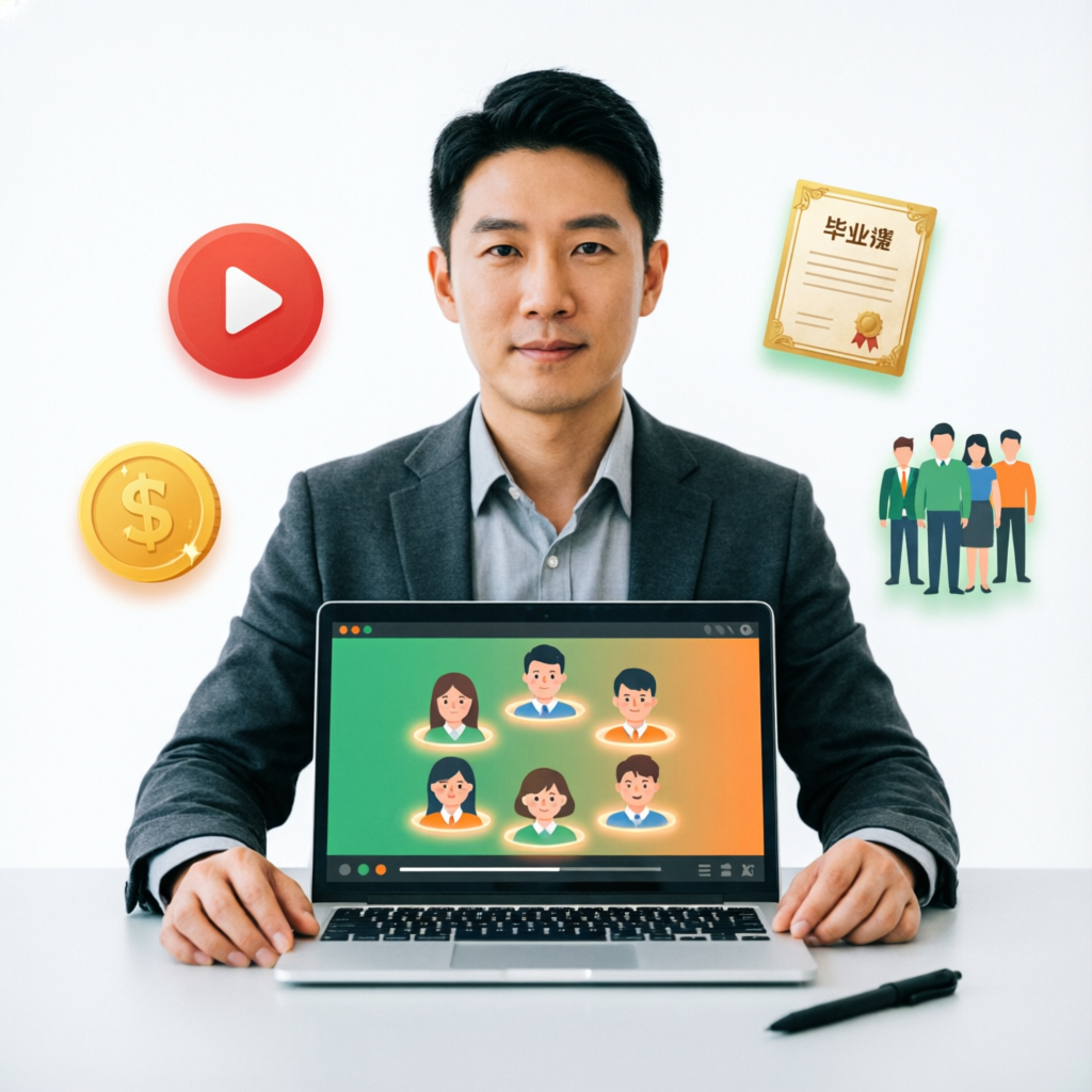 Profissional dando aula online pelo laptop com ícones de vídeo, certificado, estudantes e renda