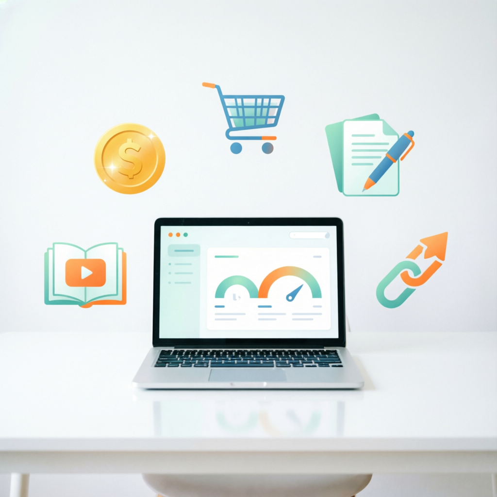 Renda extra online 2026 - laptop com ícones de dinheiro, vendas online, freelancing e cursos digitais ao redor