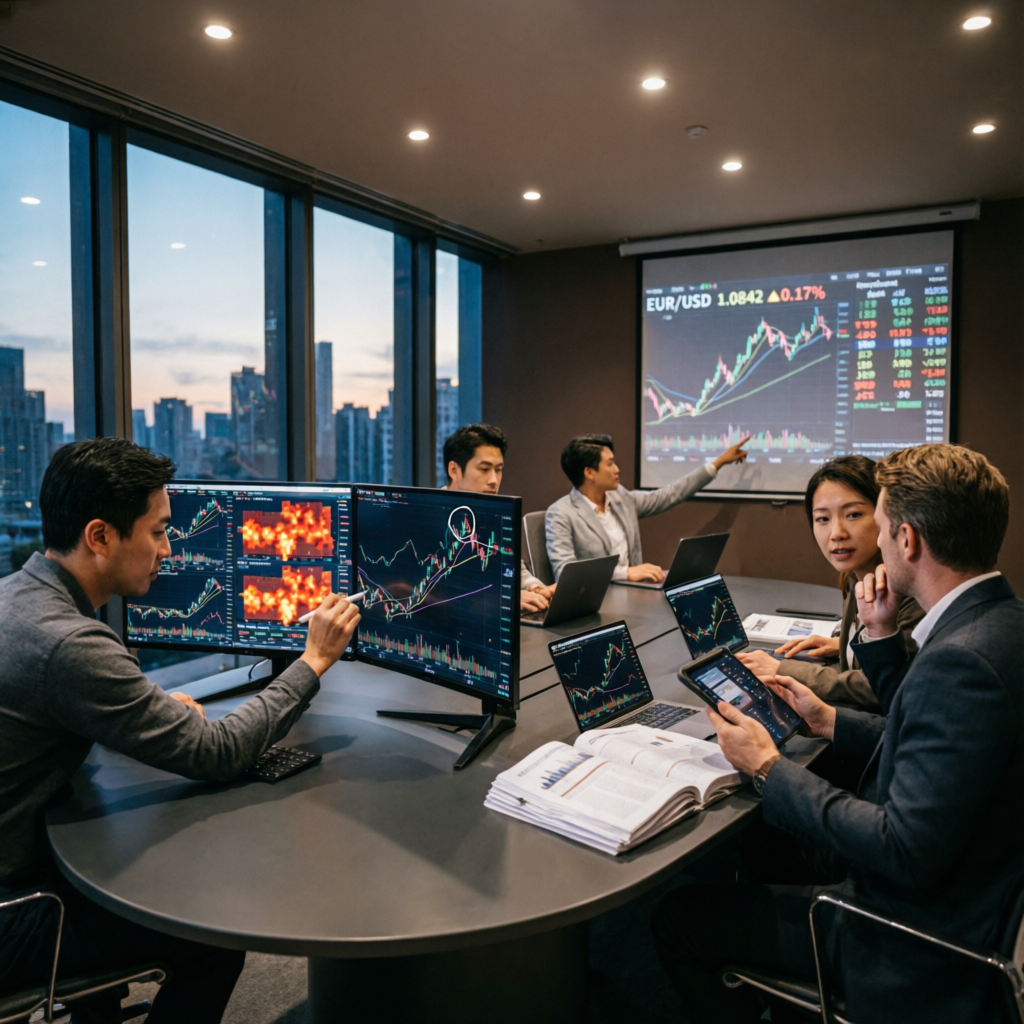 Professional trading team analyzing markets