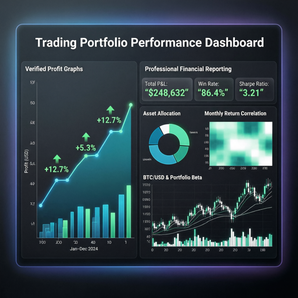 Trading portfolio performance dashboard with verified profit graphs