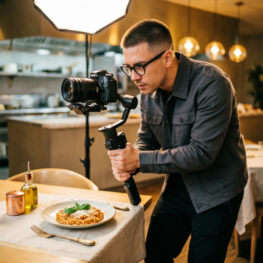 Video ad shoot with DSLR camera on gimbal stabilizer