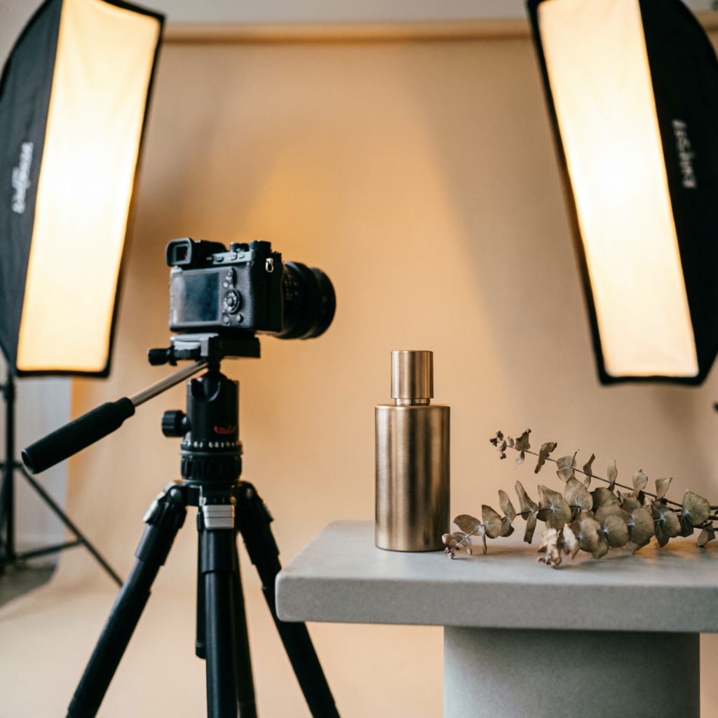 Product shoot setup with mirrorless camera and softbox lighting