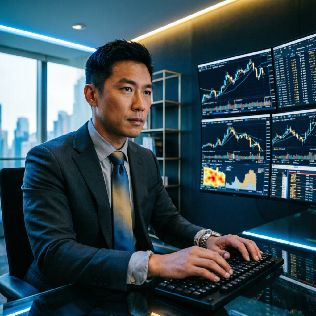 Professional forex trader at multi-monitor trading setup