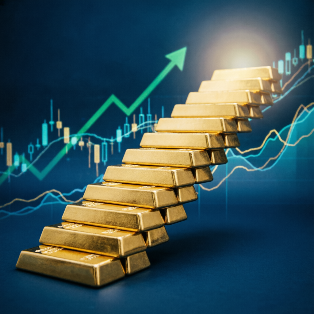 Gold bars ascending staircase representing financial growth and wealth