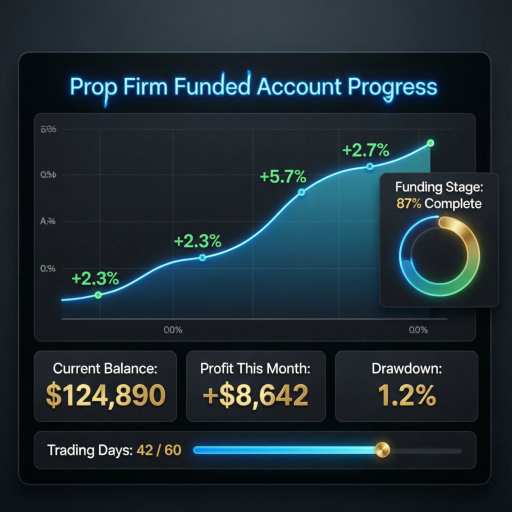 Prop firm funded account dashboard showing profit growth and progress