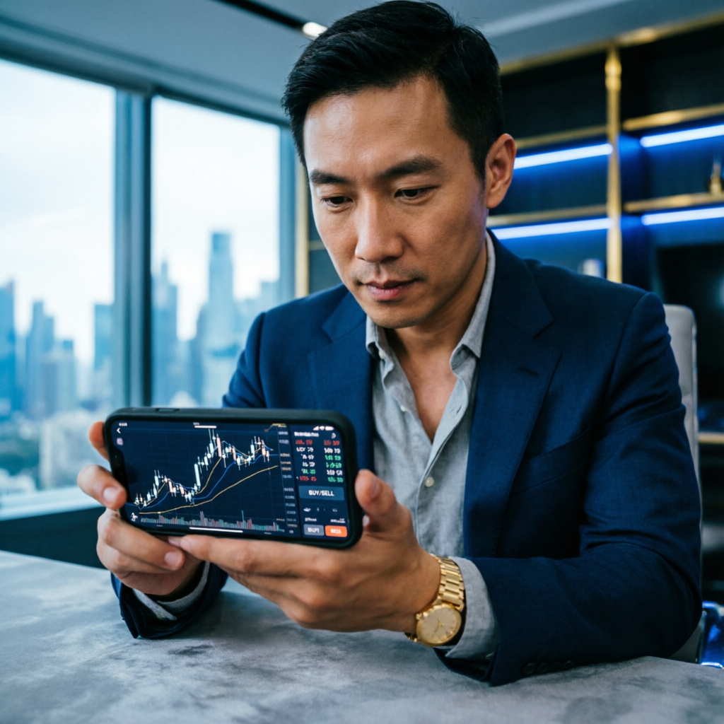 Professional trader using mobile app to monitor forex positions