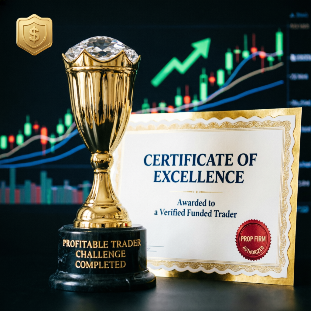 Gold trophy and certificate representing prop firm challenge completion success