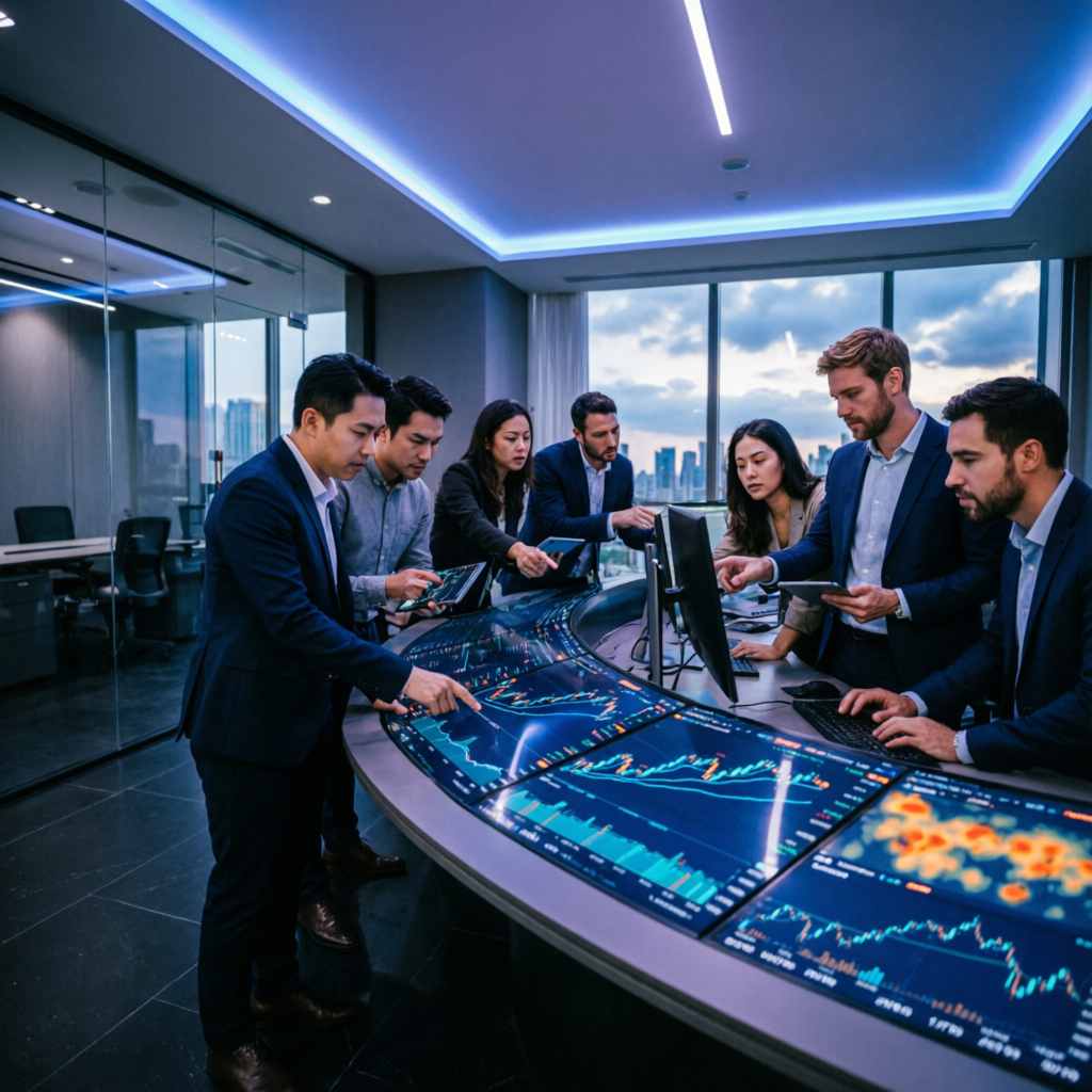 Professional trading team collaborating on financial analysis