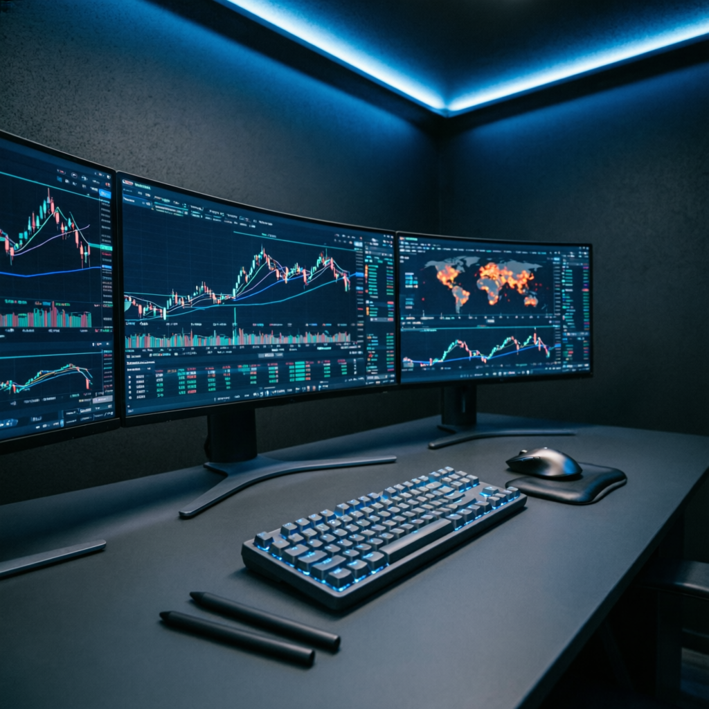 Professional multi-monitor trading setup with charts and analysis tools