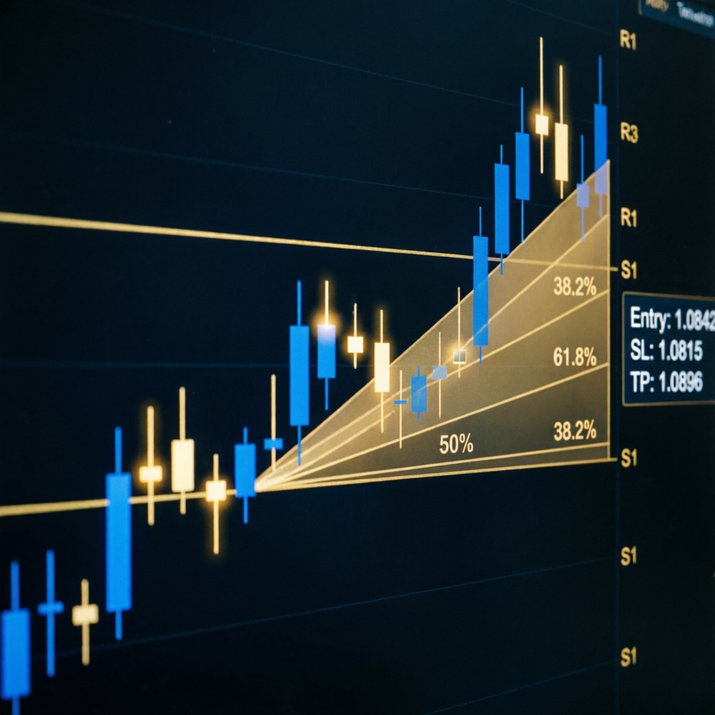 Professional forex candlestick chart with technical analysis indicators