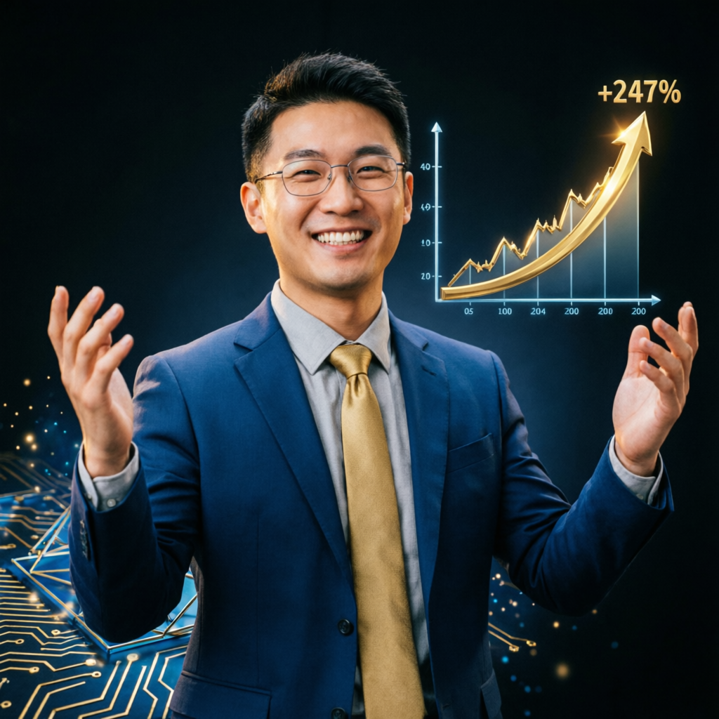 Happy trader celebrating funded account success with profit chart