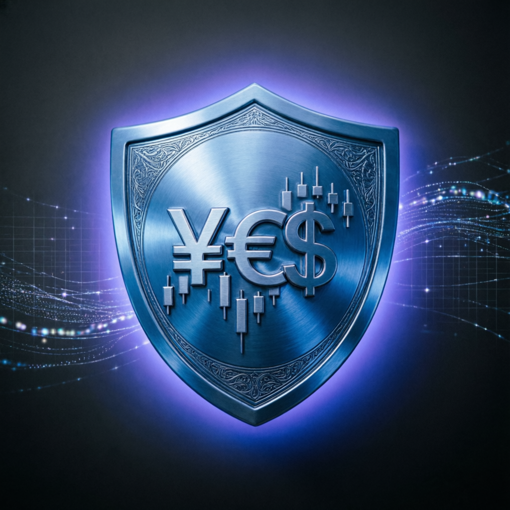 Security shield protecting forex trading capital and currency symbols