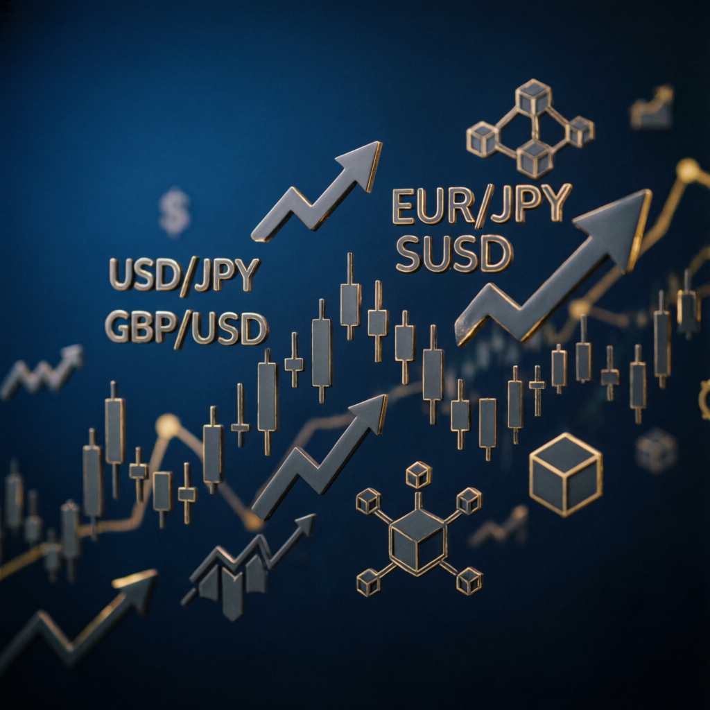 Forex currency pairs and financial charts with gold arrows