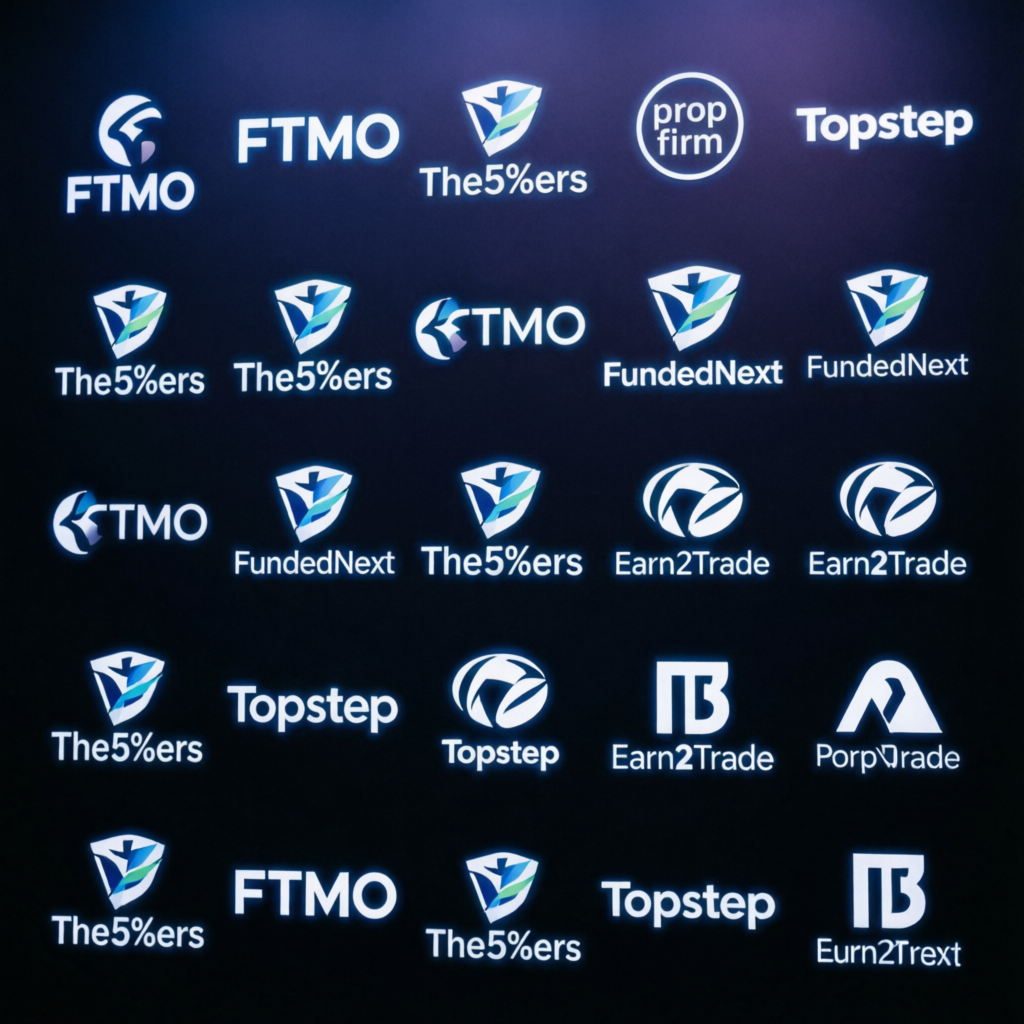 Multiple prop firm logos including FTMO, The5%ers, FundedNext, Topstep