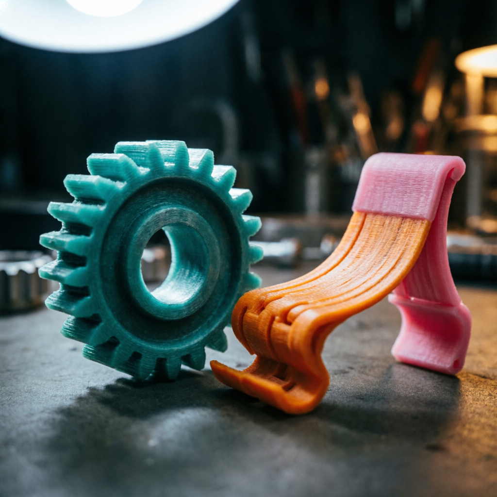 Piezas impresas en 3D con distintos filamentos sobre un banco de trabajo