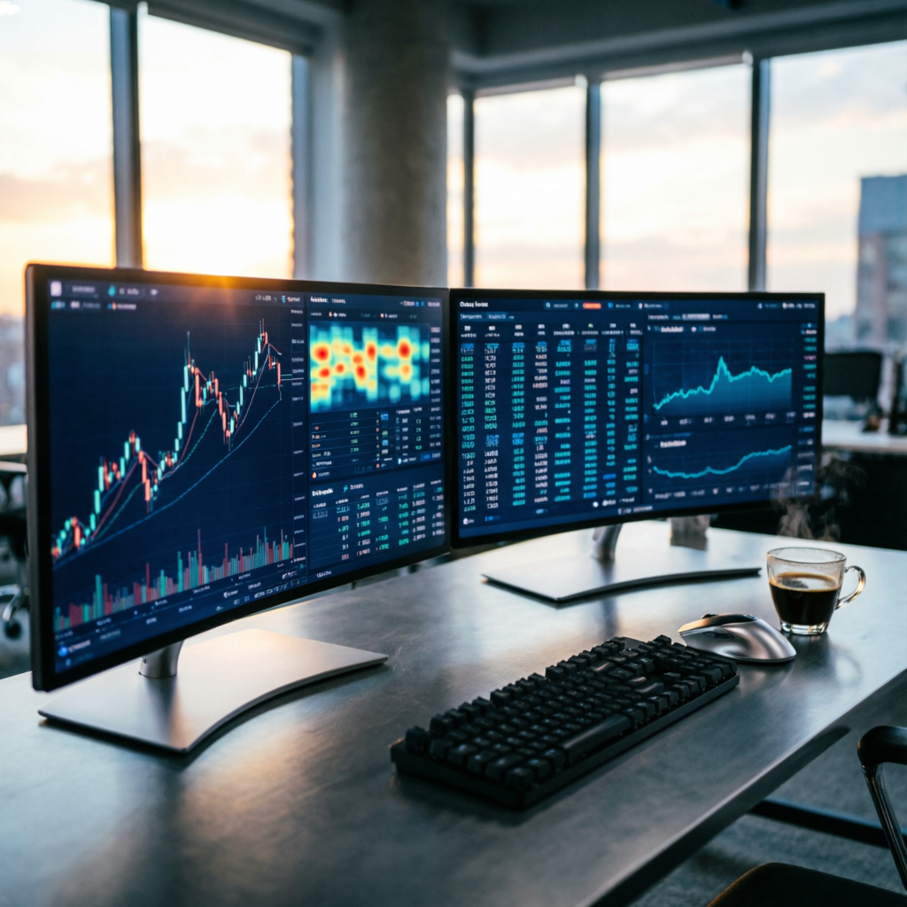 Professional trading desk with multiple monitors displaying forex charts