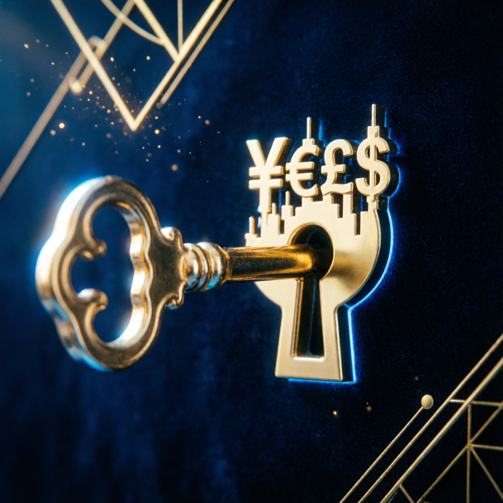 Golden key unlocking forex trading profits representing prop firm challenge success