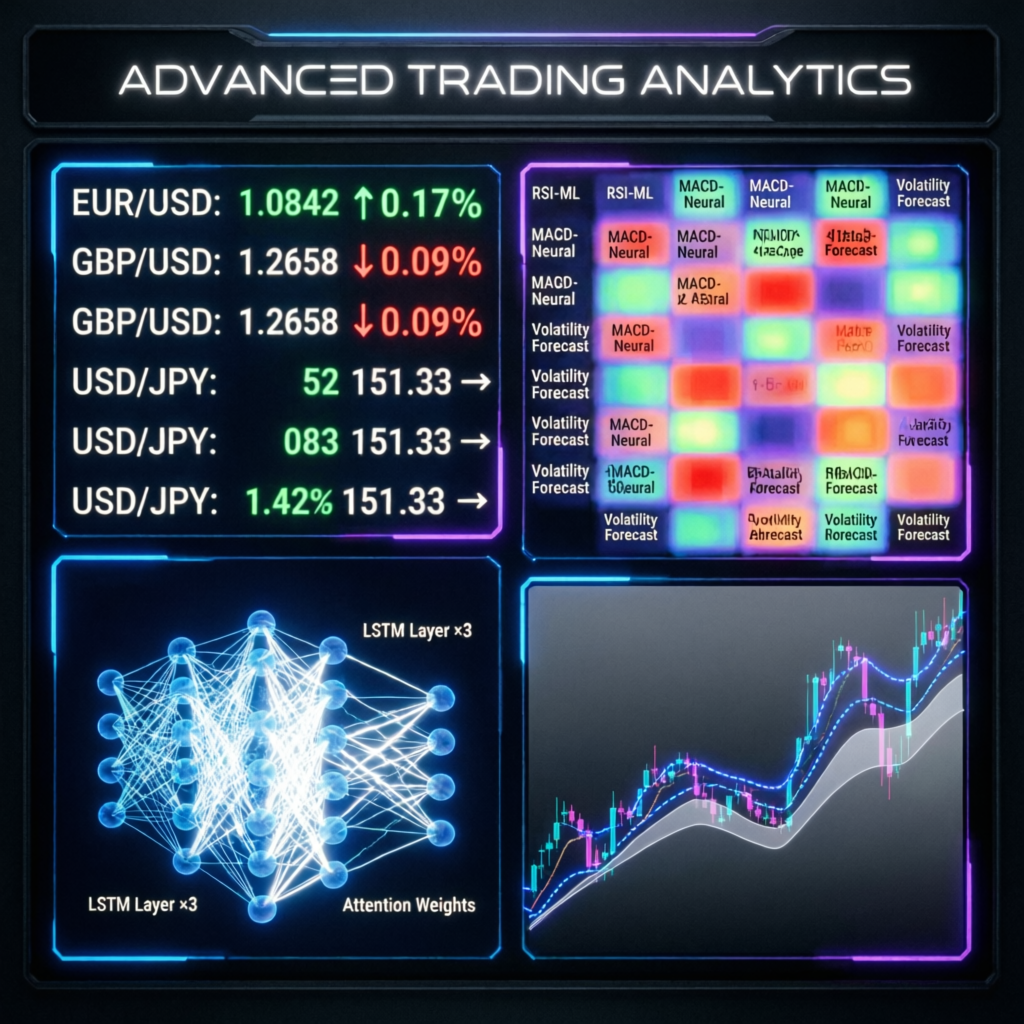 Advanced trading analytics dashboard with AI indicators and neural network visualization