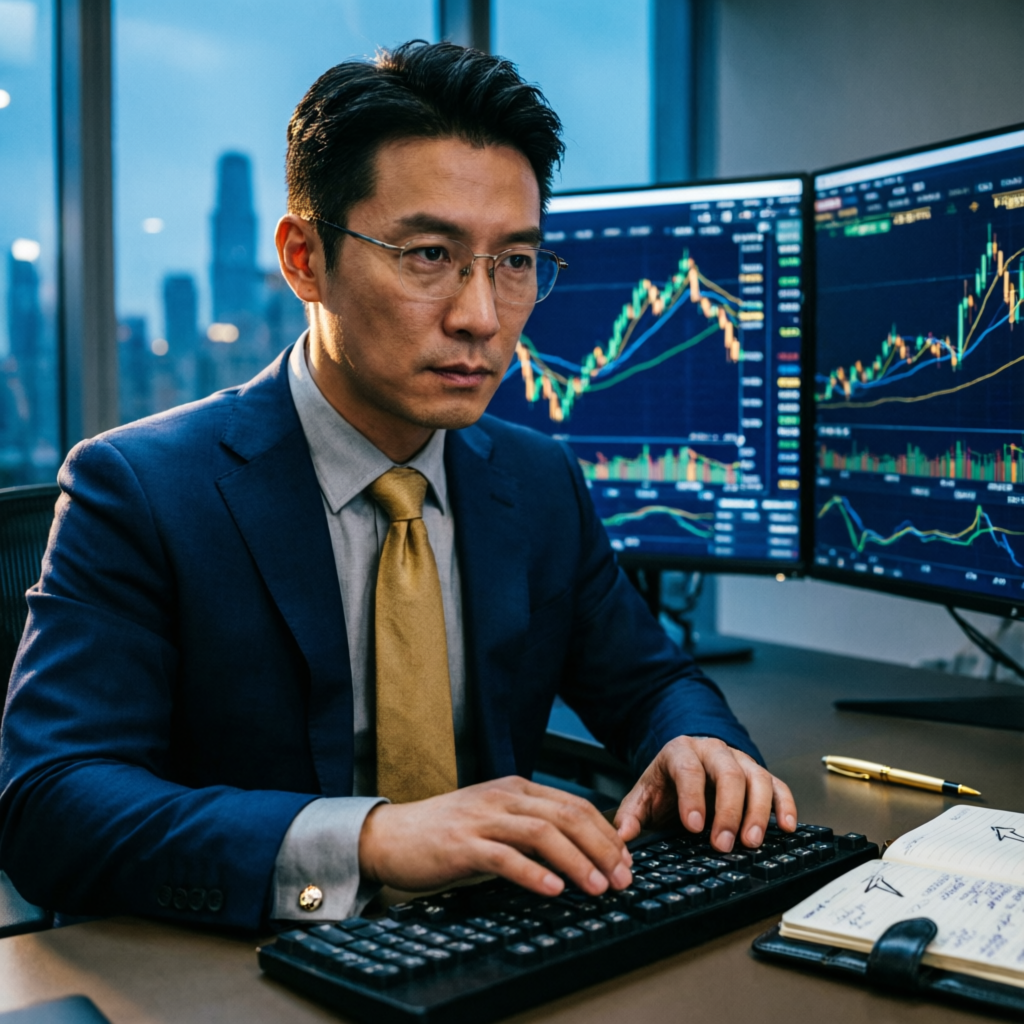 Professional forex trader managing prop firm accounts with advanced trading charts