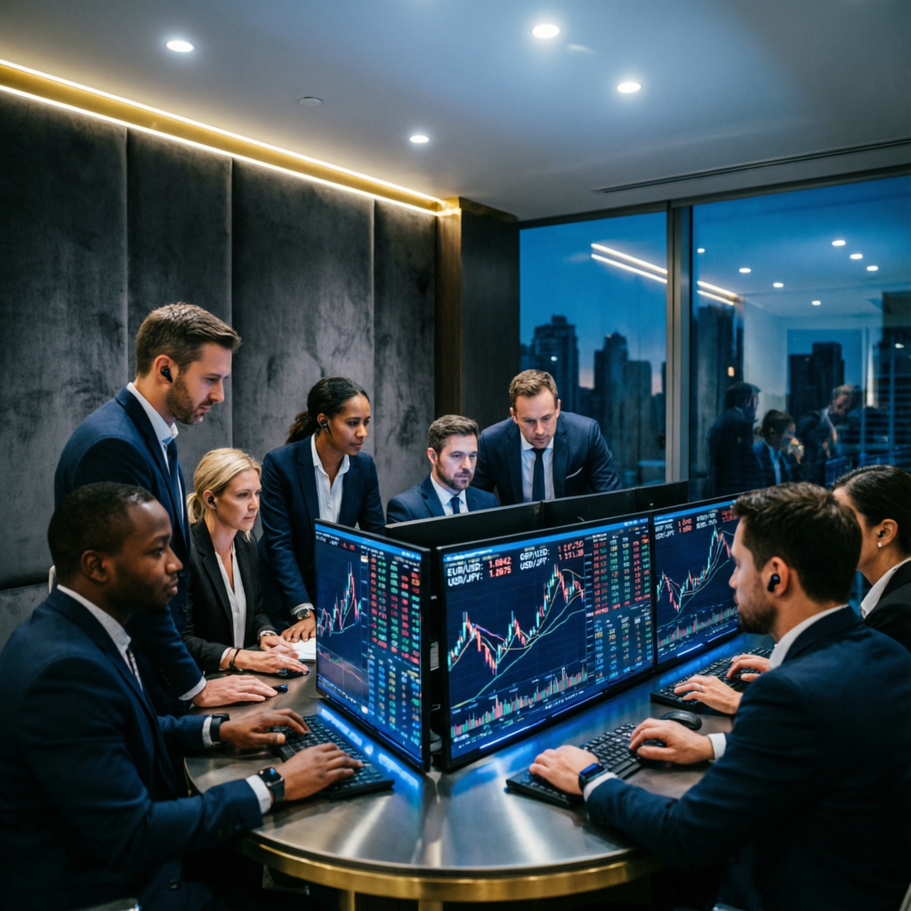 Professional trading team collaborating on prop firm account management strategies