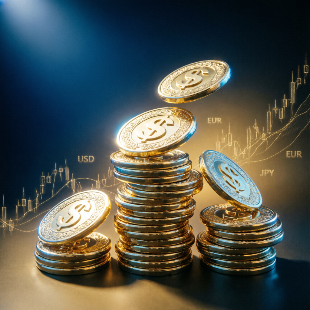 Growing stacks of gold coins representing forex trading profits and funded account success