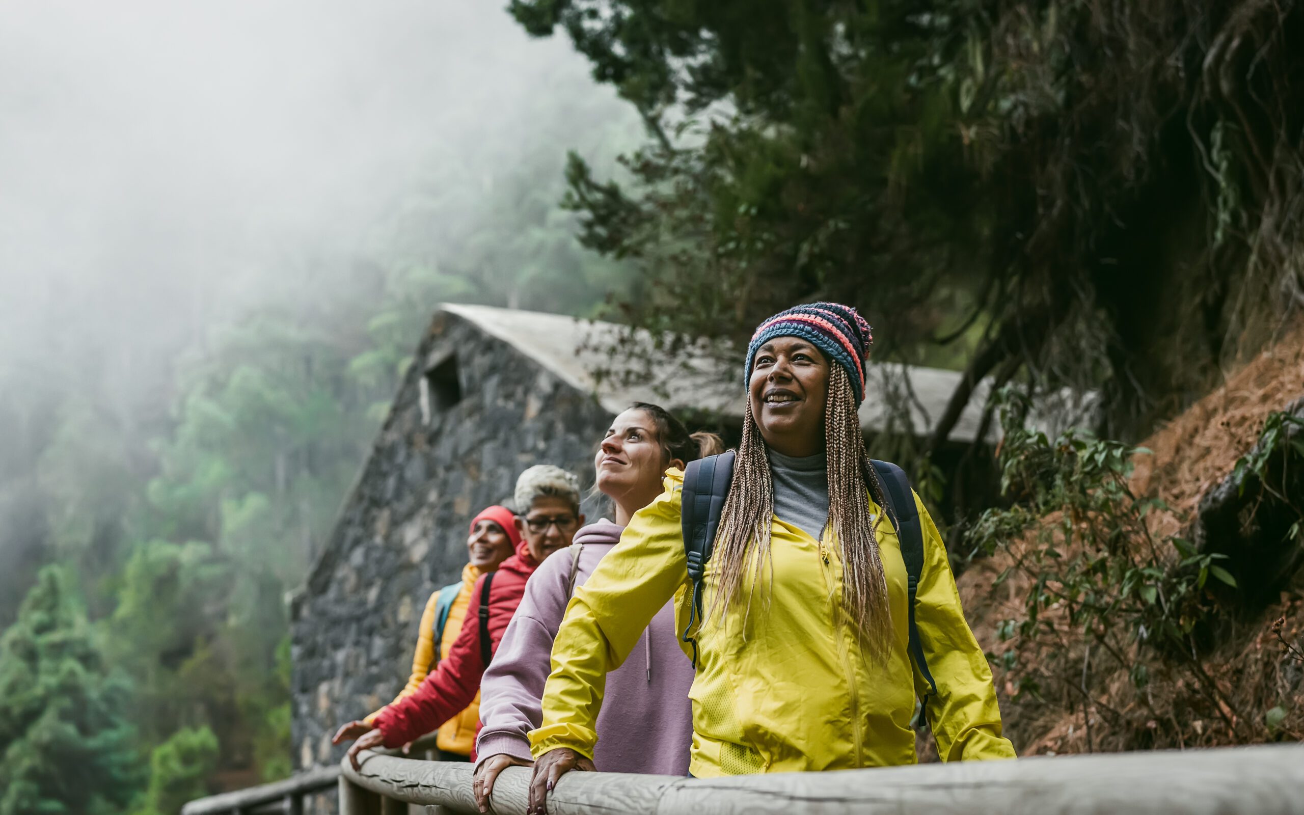 Women travelers on a mountain lookout