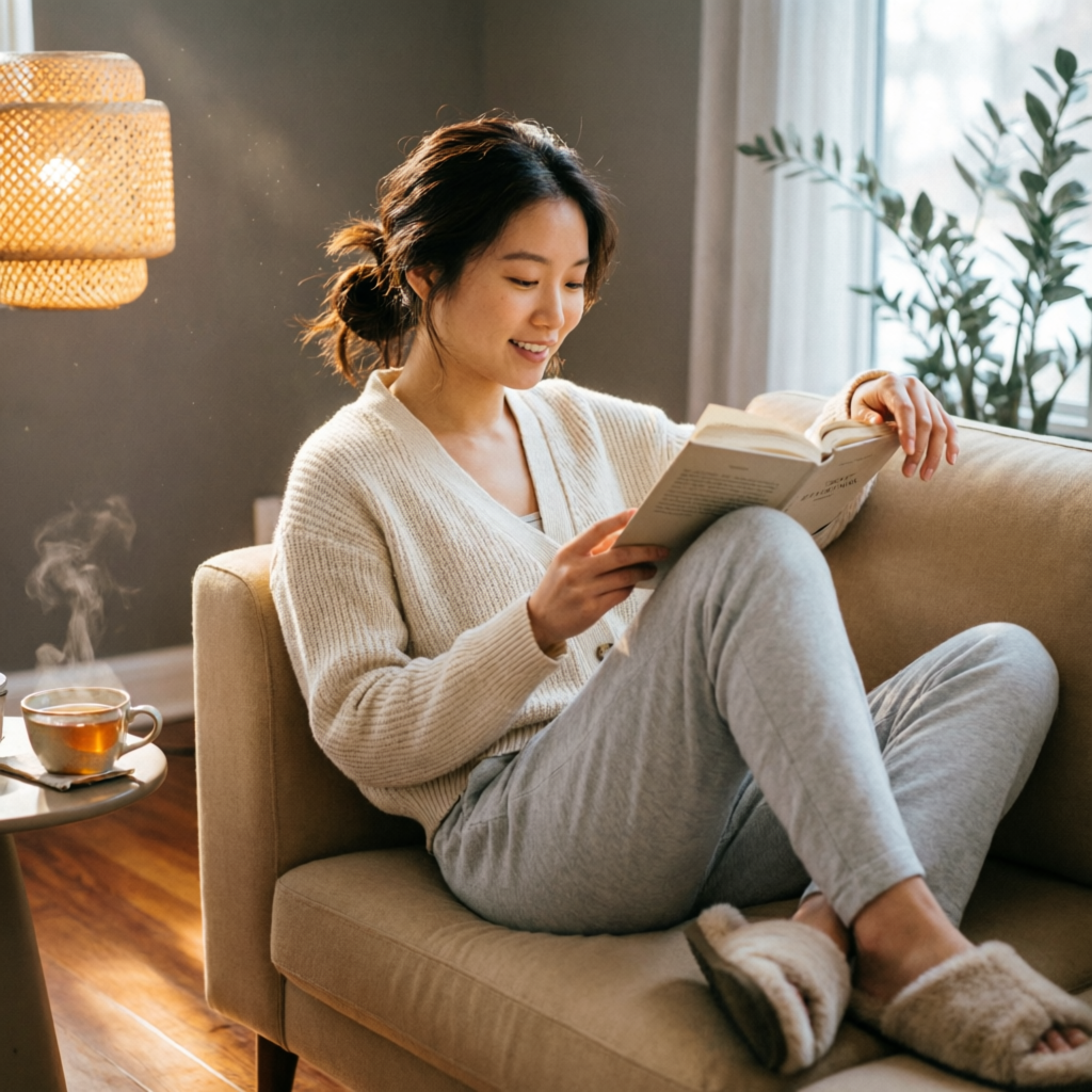 Relaxed woman reading at home