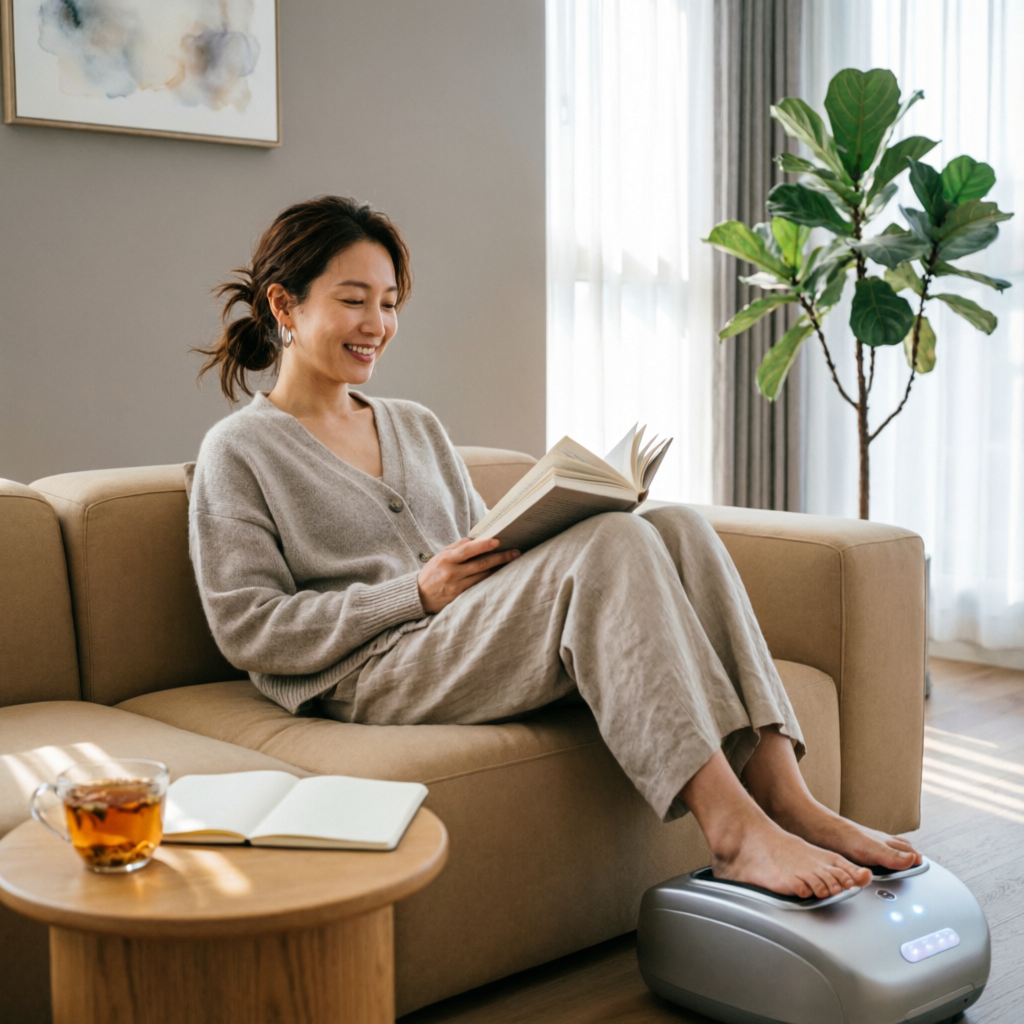 Woman relaxing with PEMF Foot Therapy Device