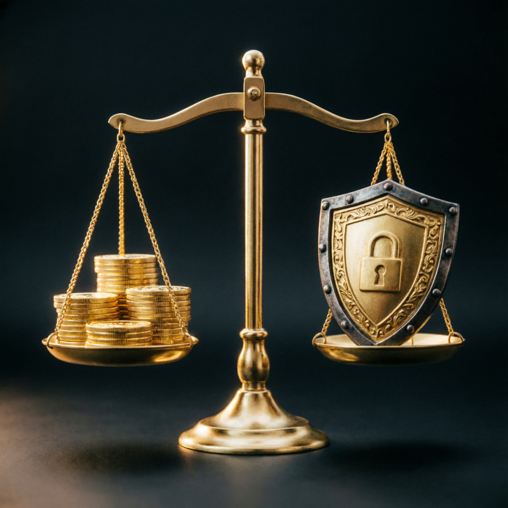Risk management balance scale with gold coins and shield