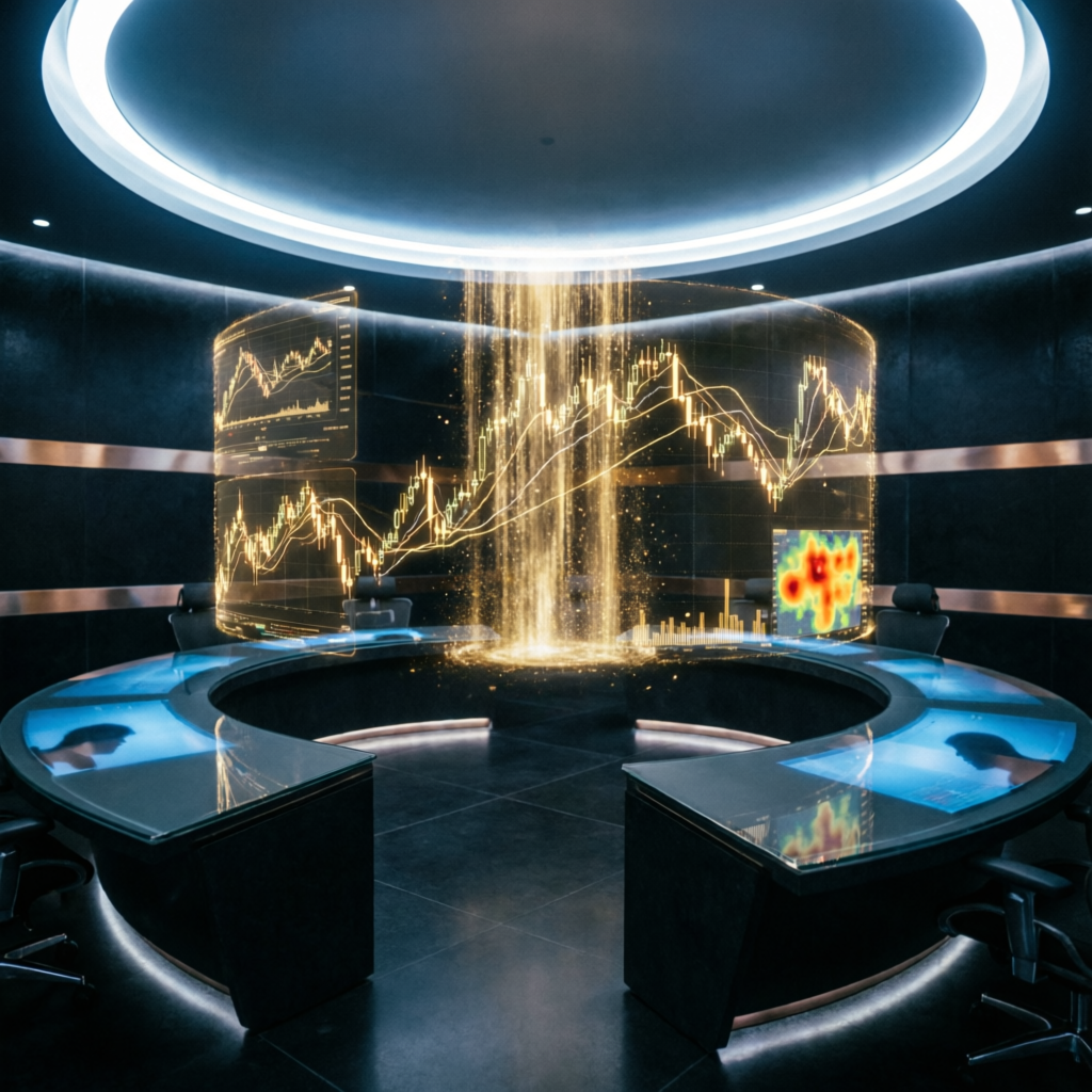 Futuristic trading command center with holographic charts