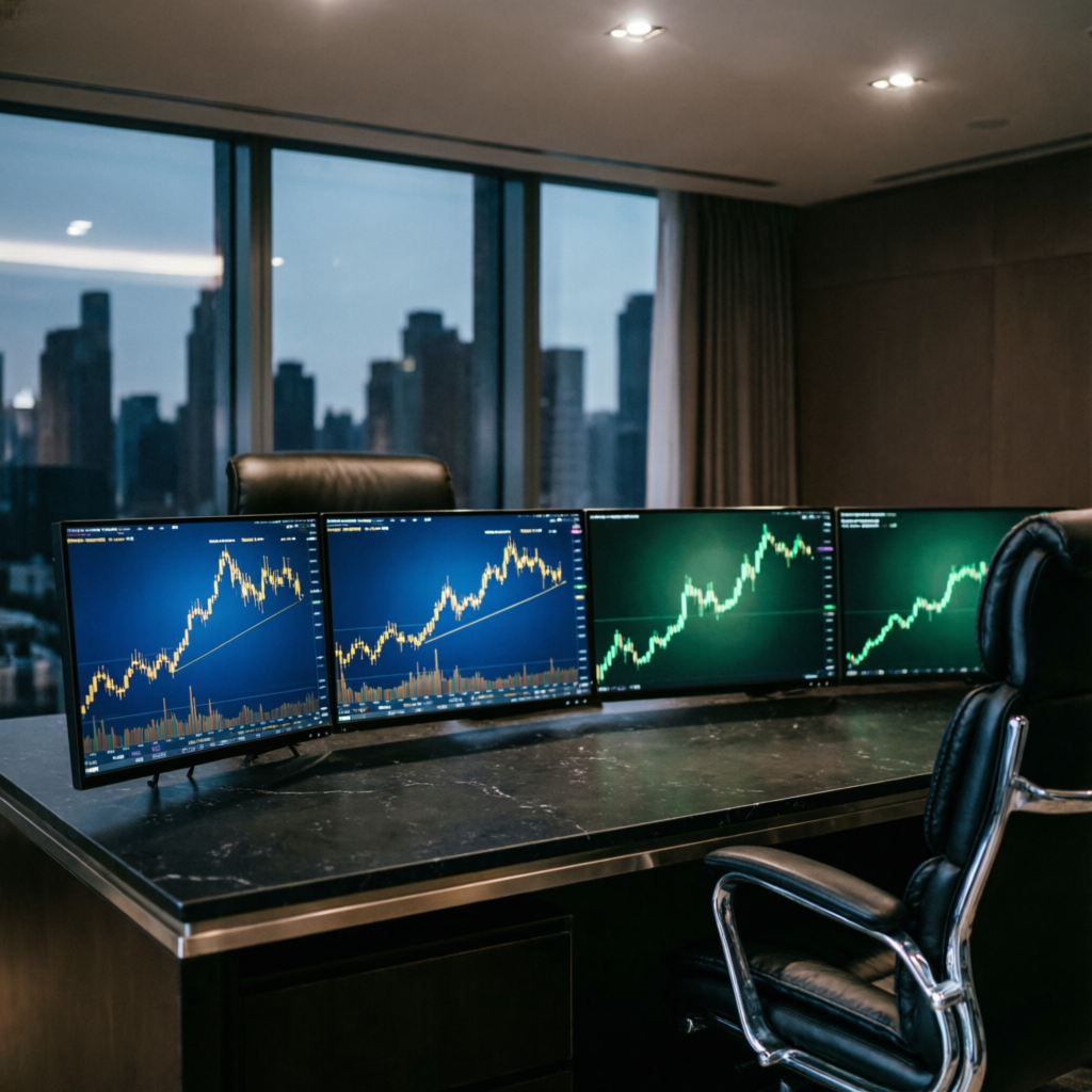 Professional trading desk with multiple monitors showing futures charts