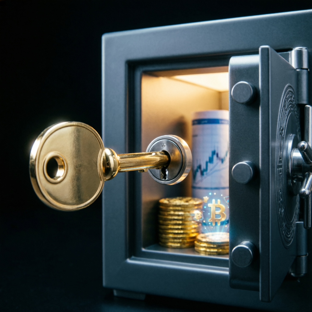 Secure vault with gold key representing account security