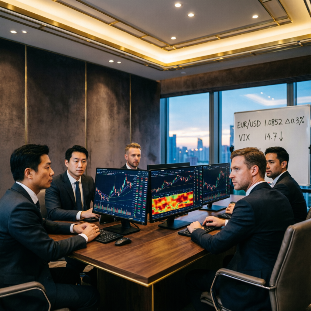 Professional prop trading team analyzing charts