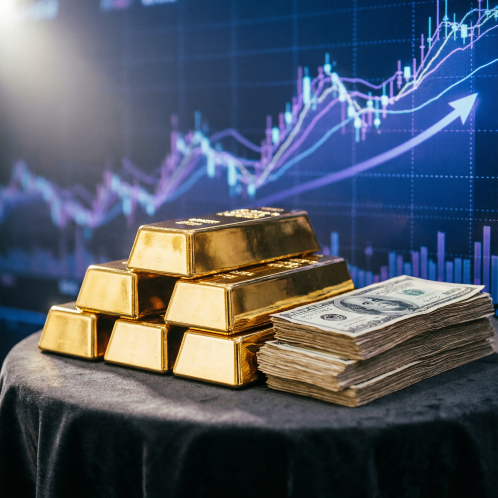 Gold bars and cash representing Topstep payouts