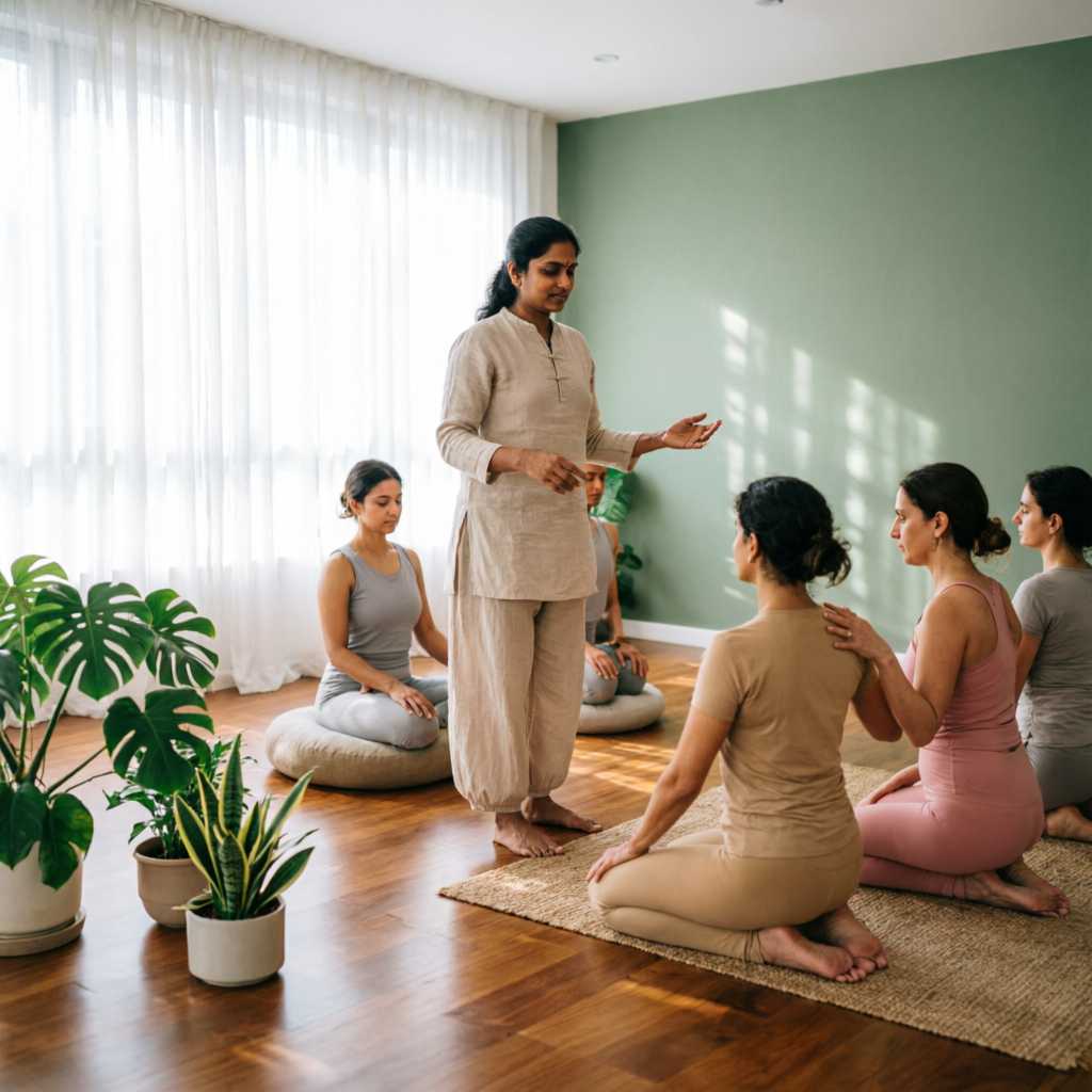 Guided yoga session at Art of Living yoga centre in Vanasthalipuram Hyderabad