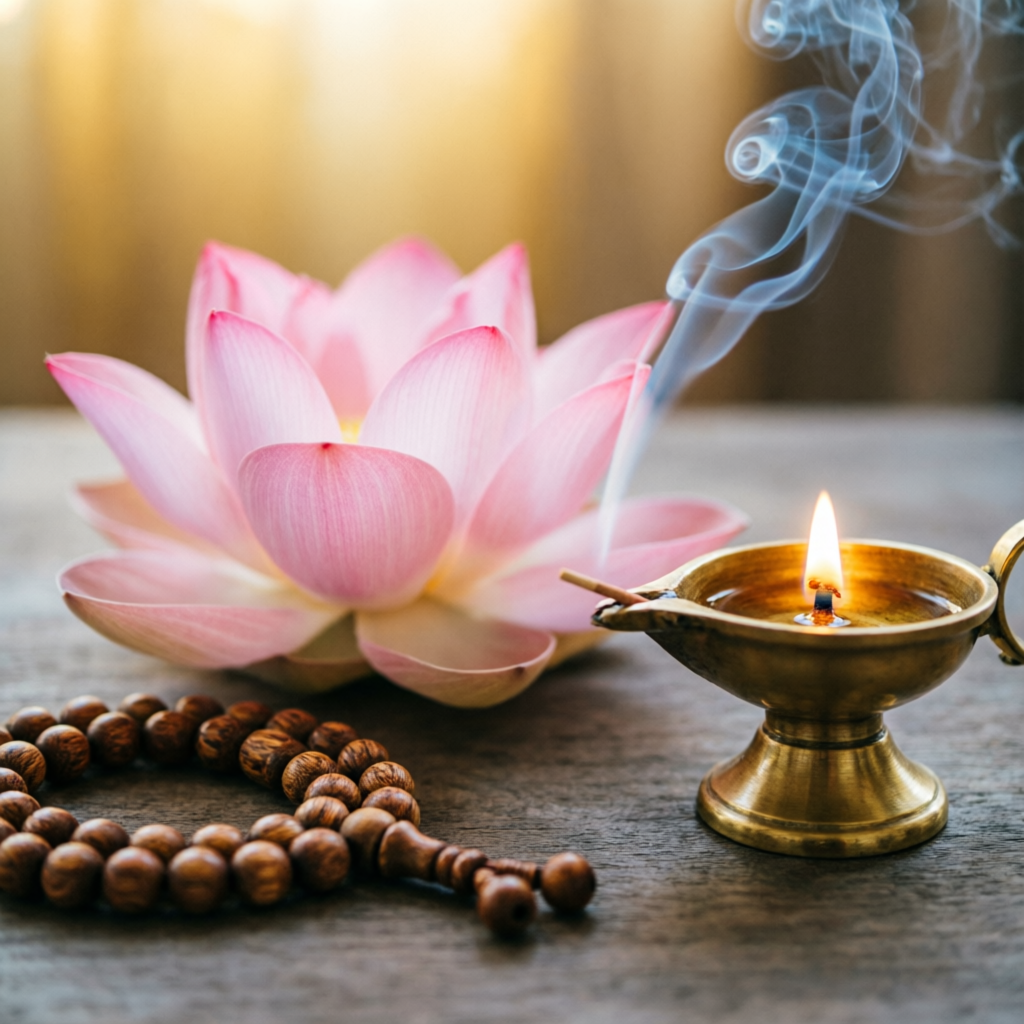 Lotus, diya lamp and mala beads — meditation classes in Hyderabad