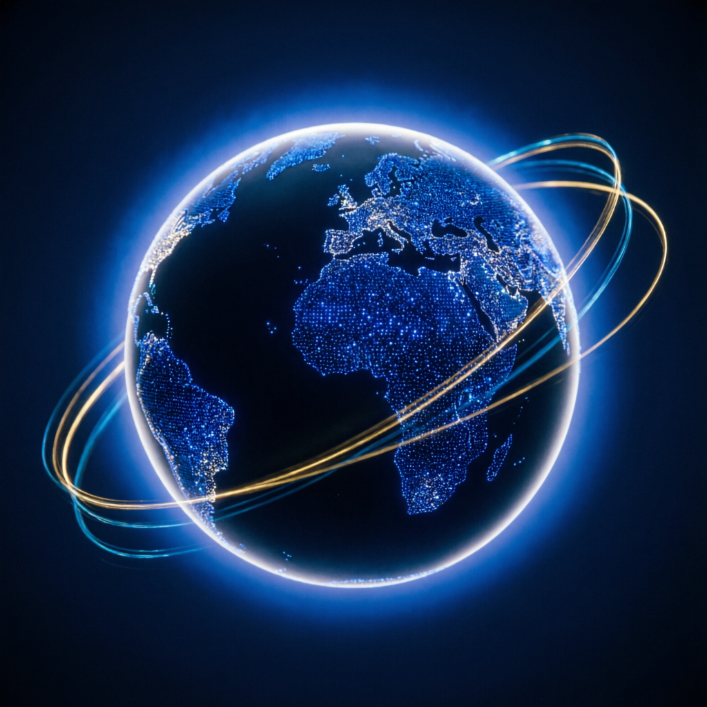 Royal blue globe of glowing dots with nodes and telemetry