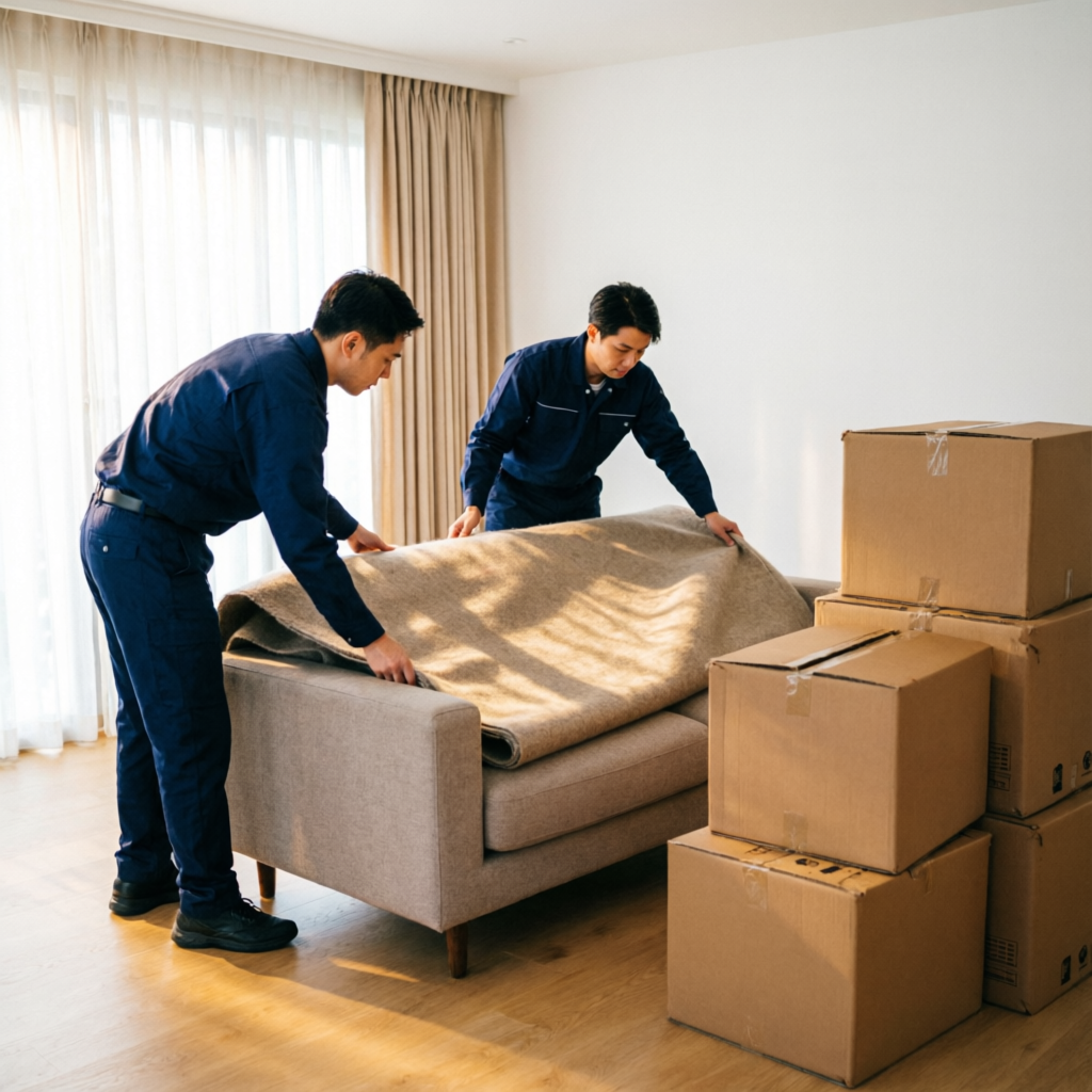 Removals team wrapping a sofa