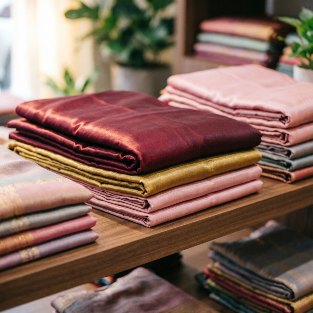 Folded premium sarees and kurtis on shelves at Arnika Collection ladies wear shop in Nagpur