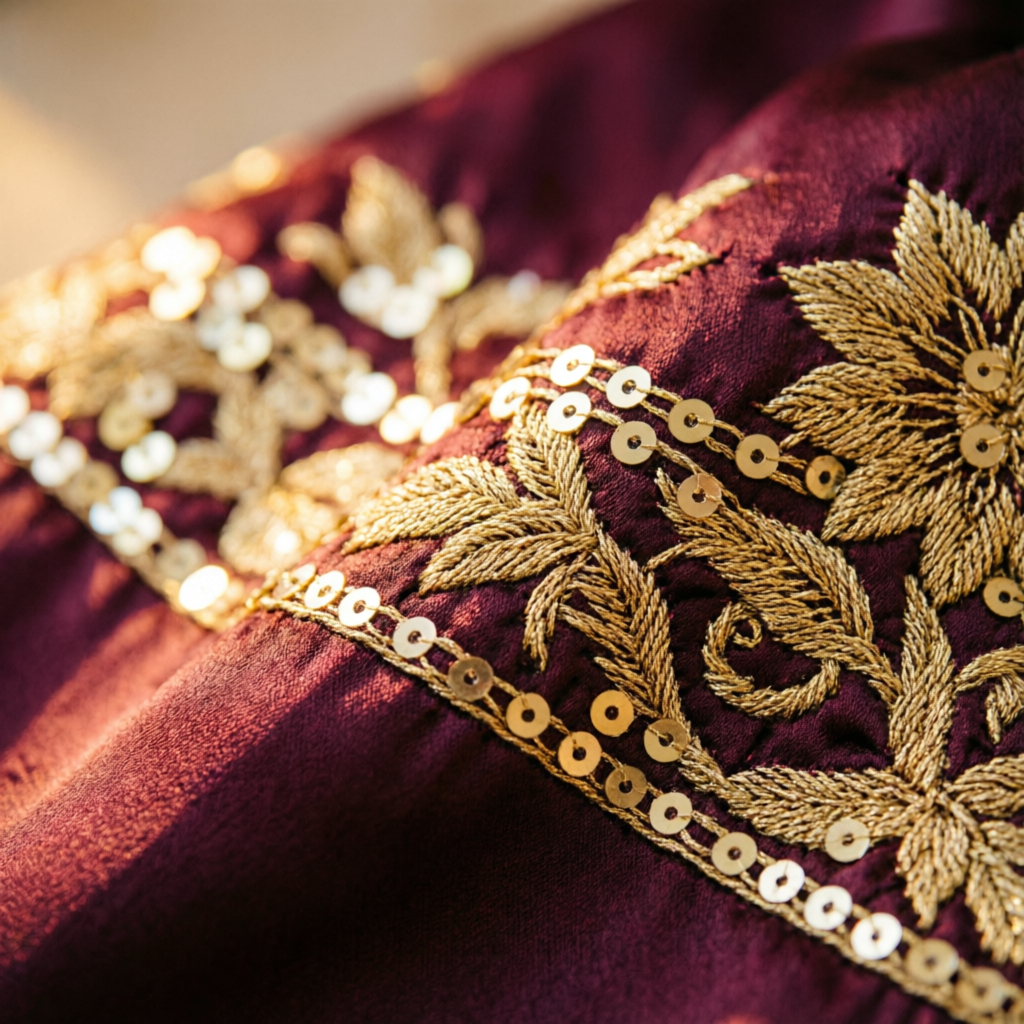 Close-up of gold zari embroidery on maroon fabric at Arnika Collection Nagpur