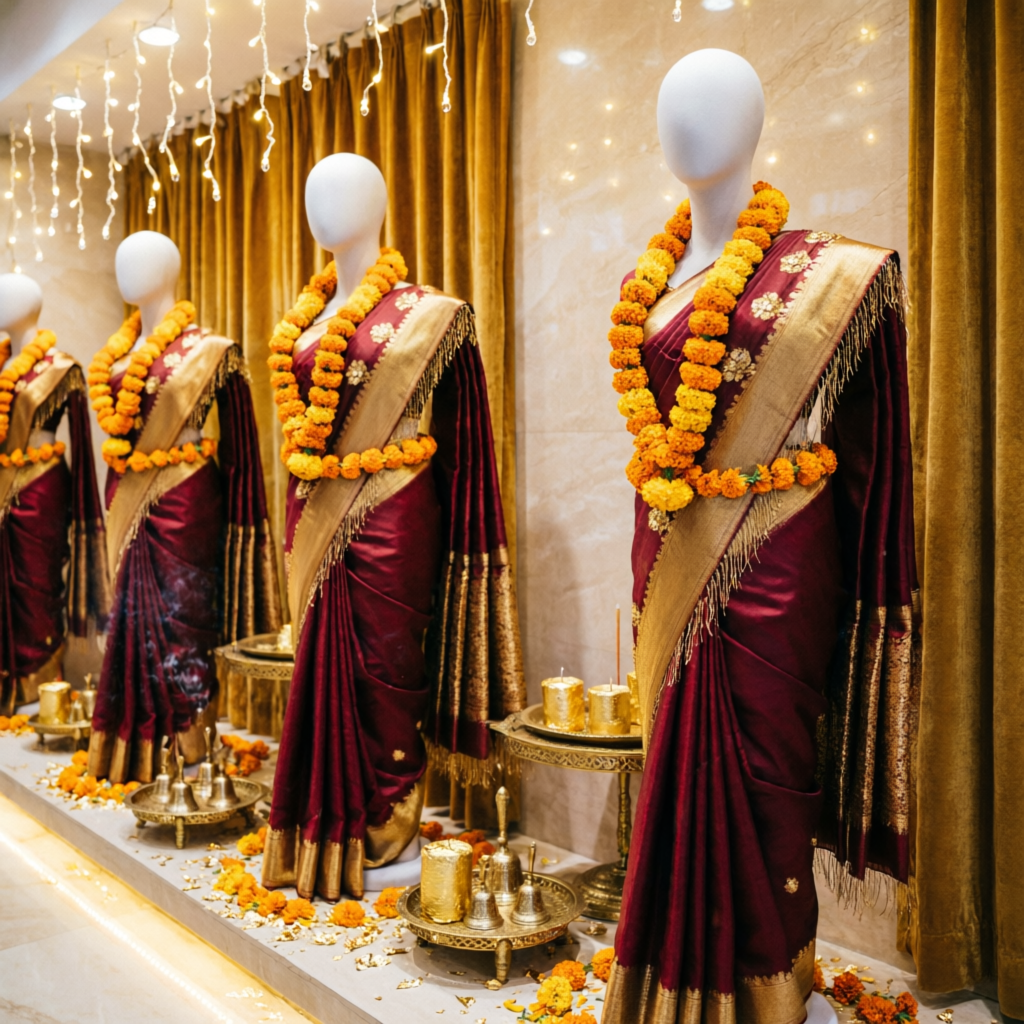Festival saree display at Arnika Collection ladies wear store in Itwari Nagpur – real store photo