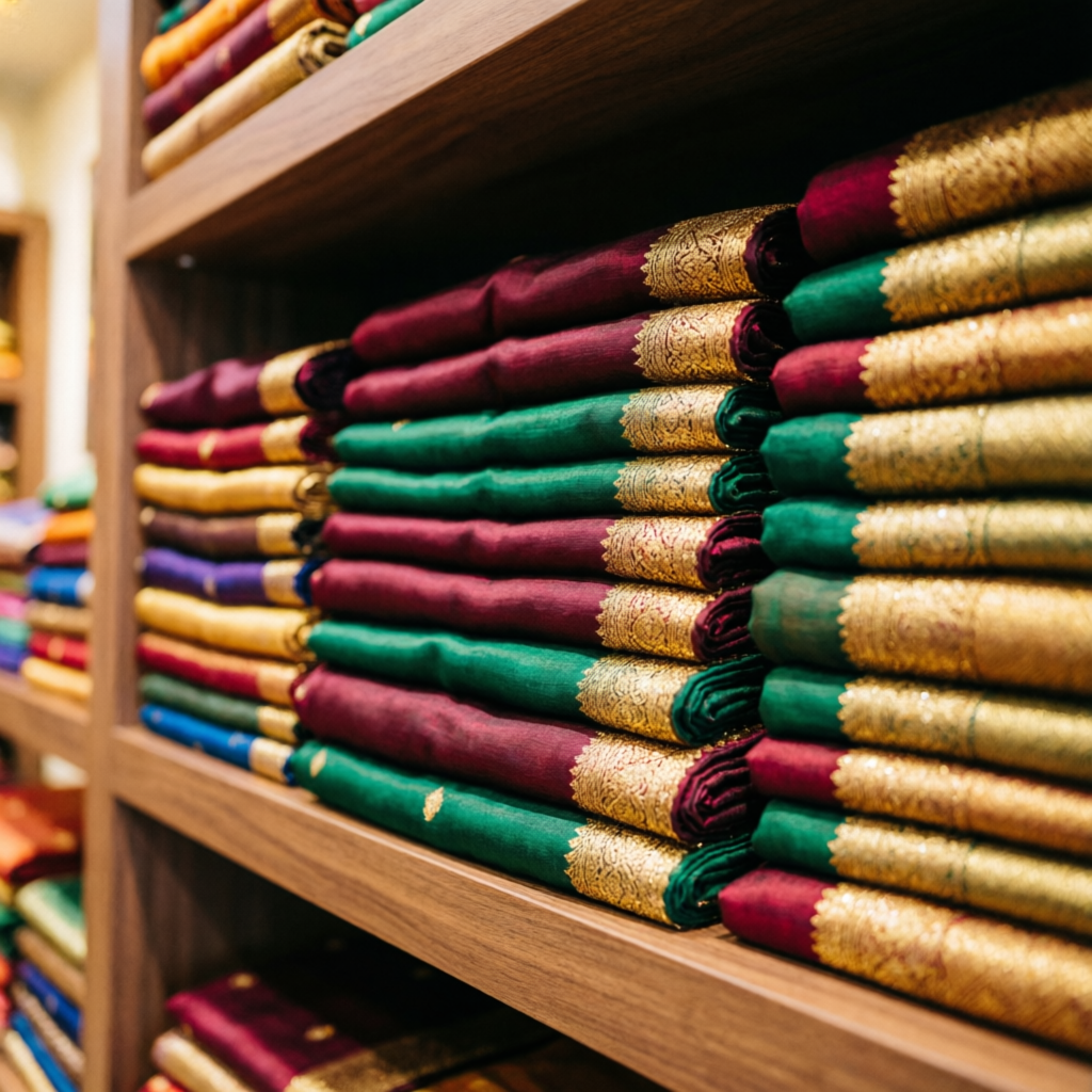Sarees collection wall at Arnika Collection – best saree shop in Nagpur Itwari
