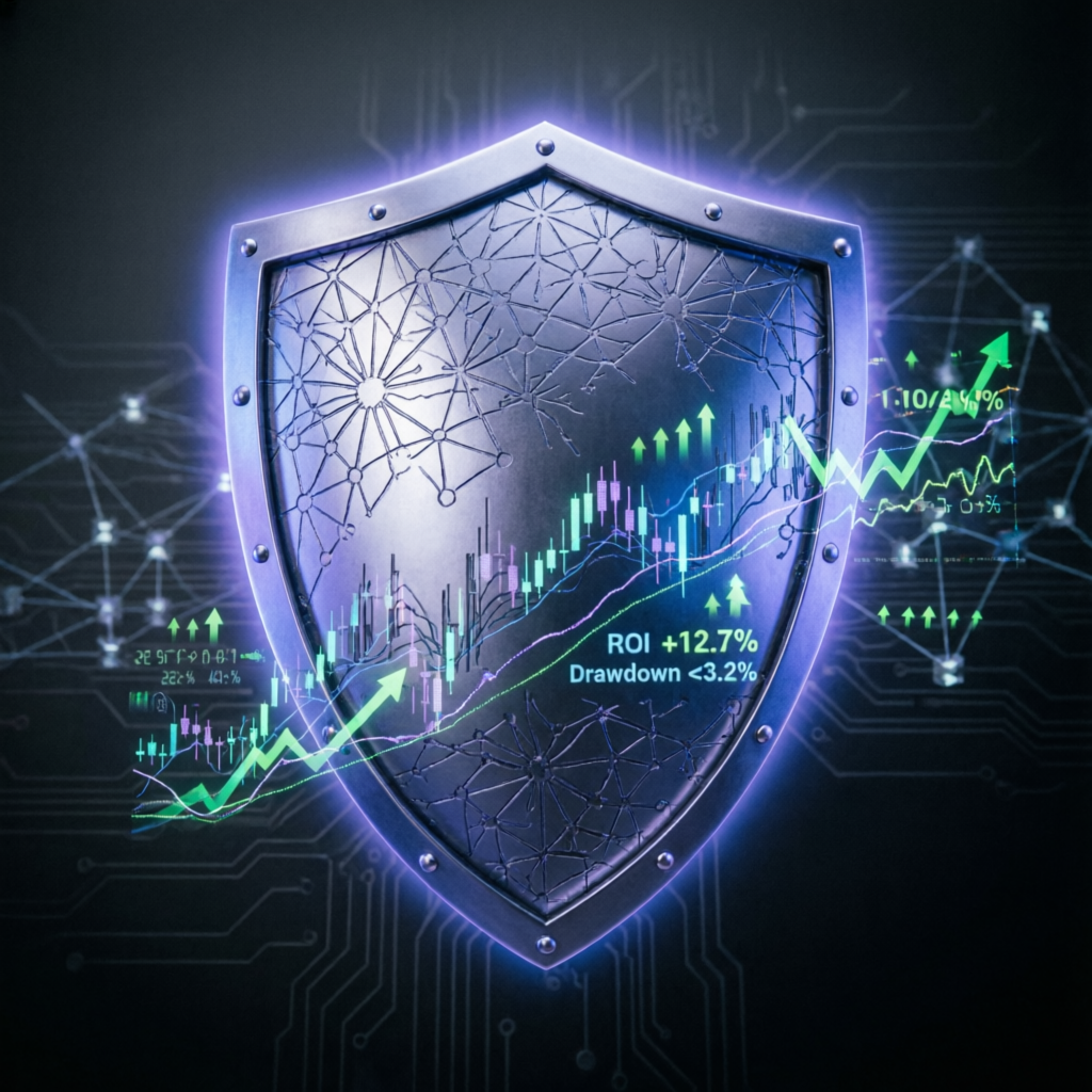 Risk management shield protecting trading capital with ROI metrics