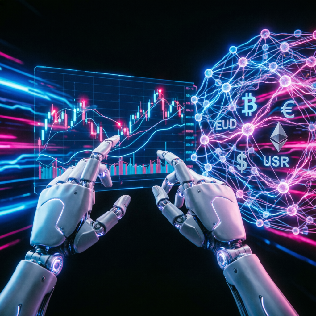 AI automation in forex trading with robot hands analyzing charts